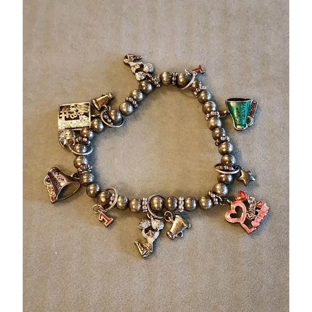 Cheerleader Cheer Mom Megaphone Enamel Charm Bracelet Gray Beaded FREE $HIP